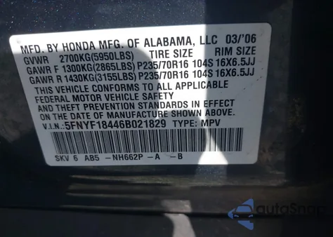 2006 Honda Pilot Ex z USA, uszkodzony, nr VIN 5FNYF18446B021829